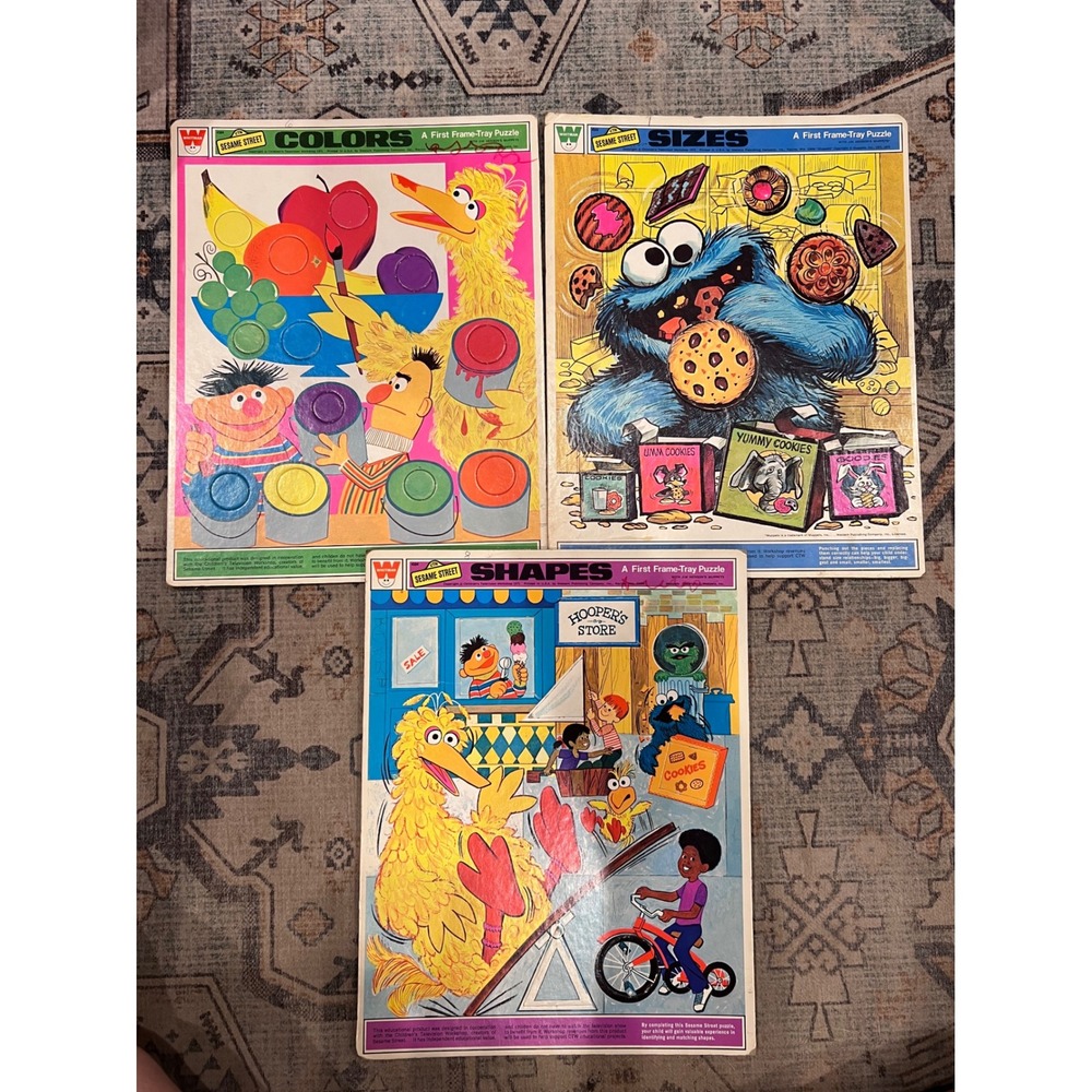 Vintage Sesame Street Giant Cardboard Tray Puzzle Lot 1970s Whitman Big Bird EUC